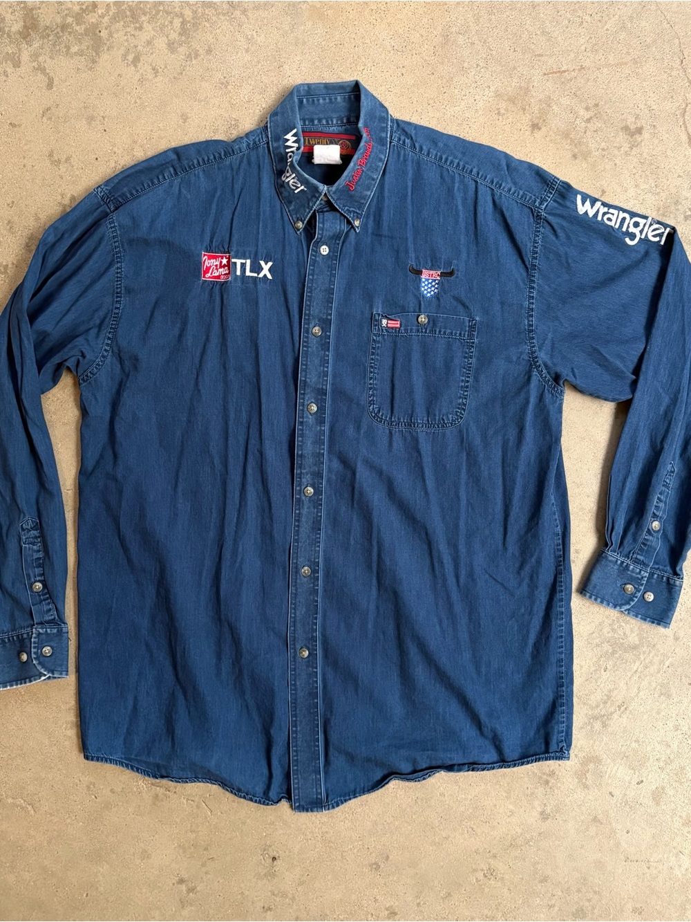 Vintage Twenty-X Wrangler Indigo Denim Rodeo Shirt Men's Large Embroidered Logos